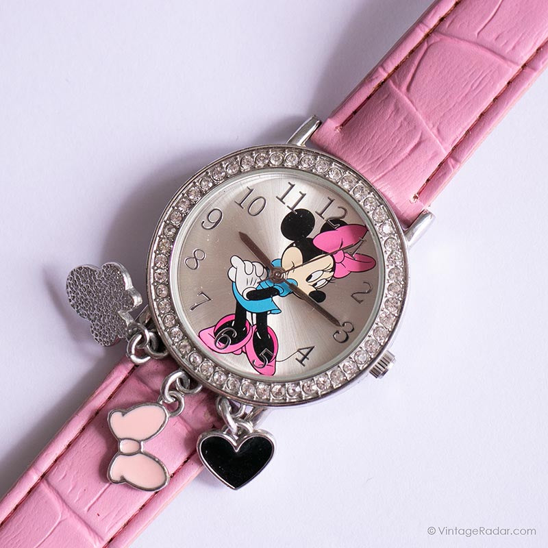 Vintage Silver-tone Minnie Mouse Watch with Gemstones & Pink Strap ...