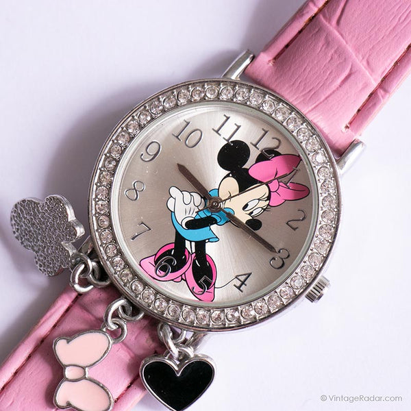 Vintage Silver-tone Minnie Mouse Watch with Gemstones & Pink Strap