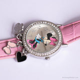 لون فضي عتيق Minnie Mouse ساعة مرصعة بالأحجار الكريمة وحزام وردي