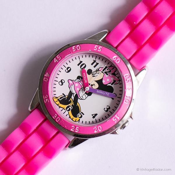 لون فضي عتيق Minnie Mouse ساعة بإطار وحزام وردي