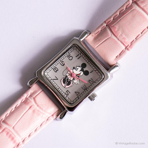 Rectangular de tono plateado vintage Minnie Mouse reloj con correa rosa