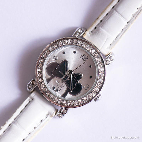 Minimaliste en argent vintage Minnie Mouse montre avec sangle blanche