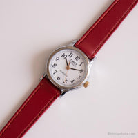 Vintage pequeño Timex reloj para damas | Correa roja tono plateado reloj