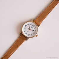 Tono de oro vintage Timex reloj para ella | Banda de cuero marrón reloj