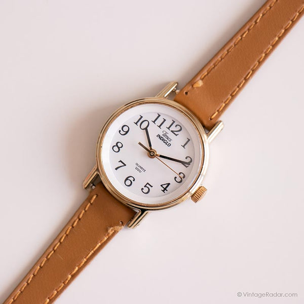 Vintage Gold-tone Timex Watch for Her | Brown Leather Band Watch