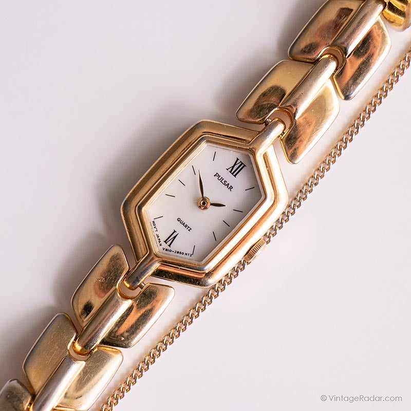 Pulsar Women\'s Watch Y481-1100 Vintage Quartz Gold Dial Stainless Steel 19mm Pulsar Quartz Analog White -Dial Gold Band Y481-X027 Women main image 2