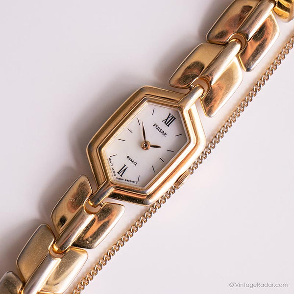 Vintage Gold-tone Pulsar Watch for Her | Pearl Dial Japan Quartz Watch