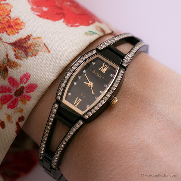 Vintage Black Armitron Watch for Her | Elegant Watch with Crystals