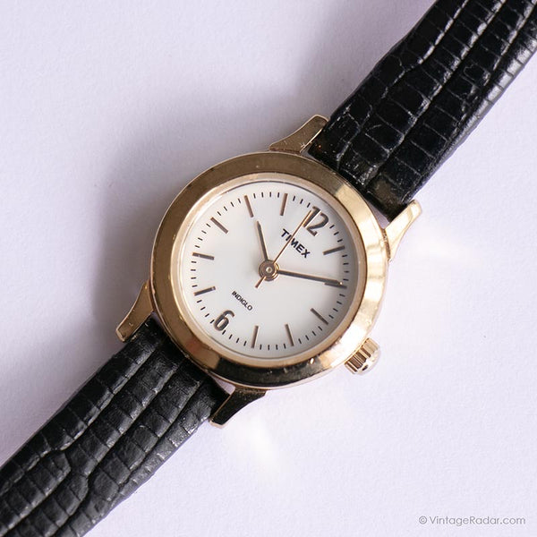 Tono de oro vintage Timex reloj para mujeres | Correa negra elegante reloj