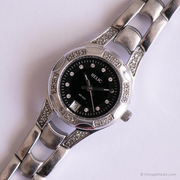 Antiguo Relic Vestido reloj para ella | Dial negro reloj con cristales
