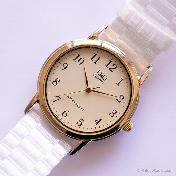 Vintage Gold-tone Q&Q Watch | White Strap Watch for Ladies