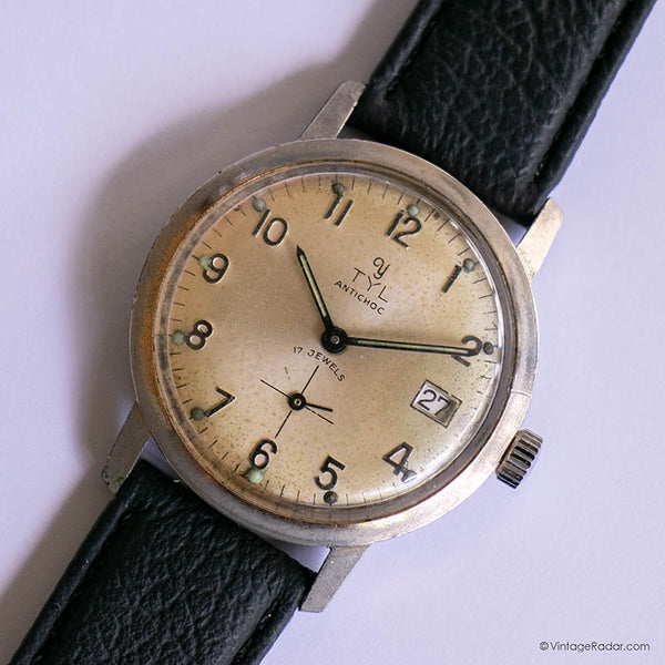 TYL Yema Antichoc 17 Jewels Mechanical Watch for Men Black Leather Strap