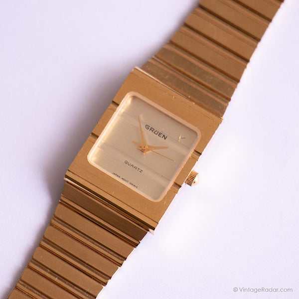 Vintage Rechteck Gruen Uhr | Goldtonstahl Uhr für Damen