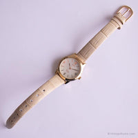 Vintage Pearly Dial Watch by Timex | White Strap Date Watch for Women