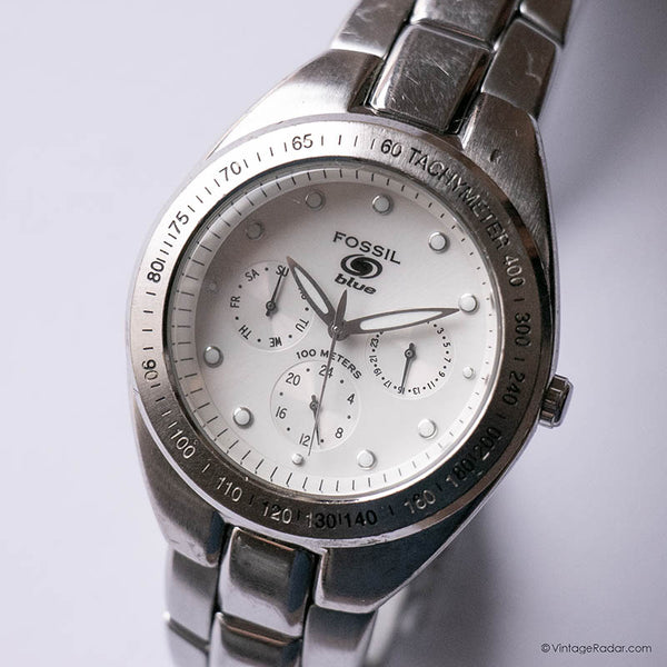 Vintage Fossil Blue Watch for Men | Silver-tone Fossil Tachymeter Watch