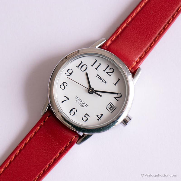 نغمة الفضة خمر Timex ساعة Indiglo | حزام أحمر ساعة للسيدات