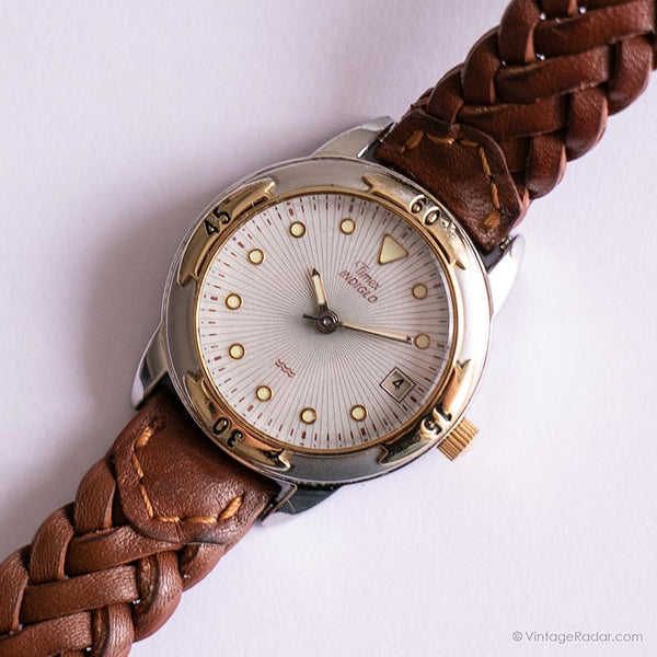 Ancien Timex Cadran à rayures indiglo montre | Sangle en cuir tressé montre