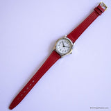 Vintage Silver-tone Quartz Watch with Red Strap | Ladies Quartz Watch