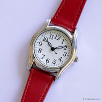 Vintage Silver-tone Quartz Watch with Red Strap | Ladies Quartz Watch