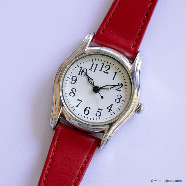 Cuarzo de tono plateado vintage reloj con correa roja | Cuarzo de damas reloj