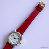 Vintage Silver-tone Quartz Watch with Red Strap | Ladies Quartz Watch