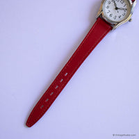 Vintage Silver-tone Quartz Watch with Red Strap | Ladies Quartz Watch