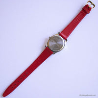 Vintage Silver-tone Quartz Watch with Red Strap | Ladies Quartz Watch