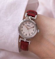 Tiny Vintage Silver-tone Timex Watch for Ladies with Dark Red Strap