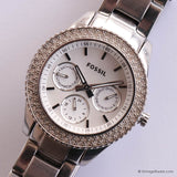 Vintage 38mm Fossil Day Date Watch for Her with White Stones