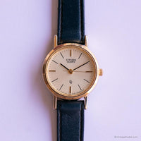 Vintage Gold-Ton Citizen Quarz Uhr für sie mit Marine Lederband