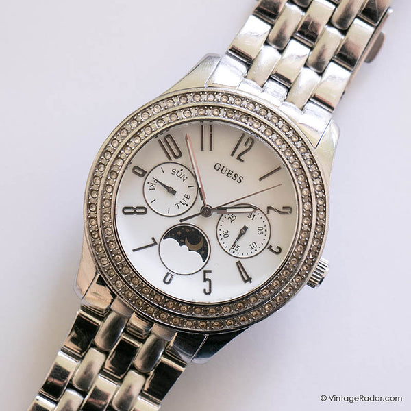 Vintage Silver-tone Guess Moonphase Watch for Ladies with White Stones