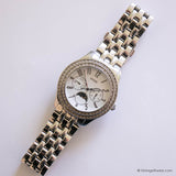 Vintage Silver-tone Guess Moonphase Watch for Ladies with White Stones