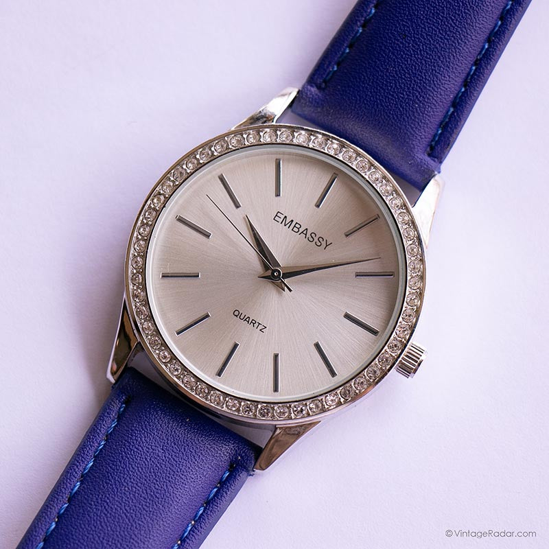 Embassy By Gruen Silver Blue Face Gem4503 RARE Vintage Ladies Embassy By GRUEN Silver Tone Diamond  main image 2