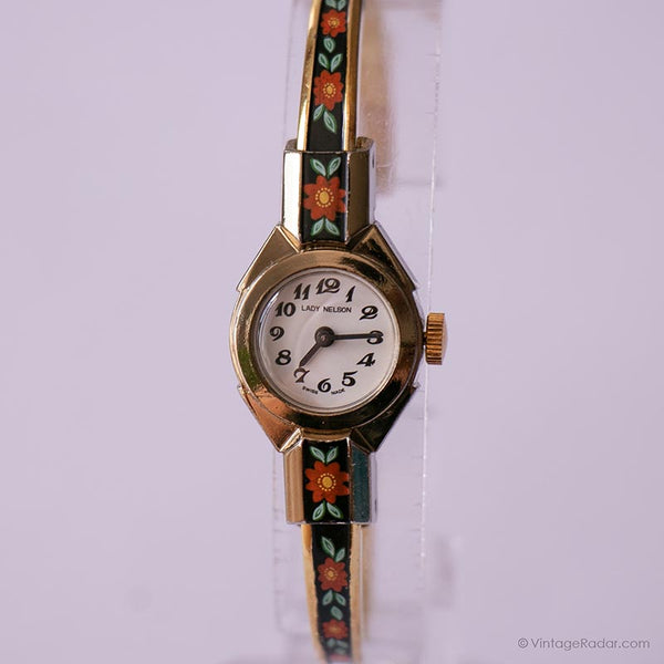 Lady Nelson schweizerische Damen Uhr | Vintage Blumengold-Ton Uhr