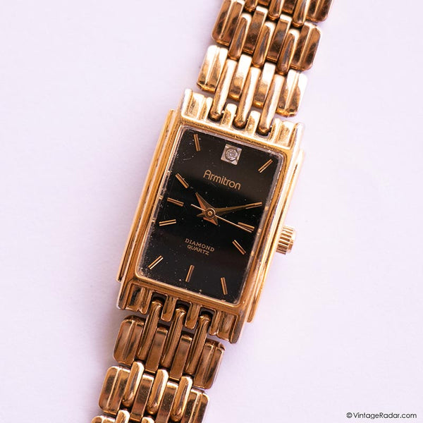 Vintage Black-Dial Rectangular Armitron Watch | Gold-tone Tank Watch