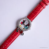 Vintage Silver-tone Minnie and Mickey Mouse Watch with Red Strap