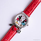 Minnie vintage y Mickey Mouse reloj para mujeres con correa de cuero rojo