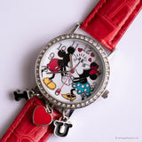 Minnie vintage y Mickey Mouse reloj para mujeres con correa de cuero rojo