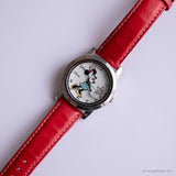 لون فضي عتيق من التسعينيات Minnie Mouse ساعة بحزام جلدي أحمر