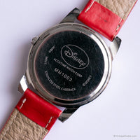 90S Vintage Silver-Tone Minnie Mouse reloj con correa de cuero rojo
