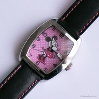 Antiguo Minnie Mouse Tanque rectangular reloj con correa de cuero negro