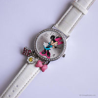Tono d'argento vintage Minnie Mouse Guarda con fascino e cinturino bianco