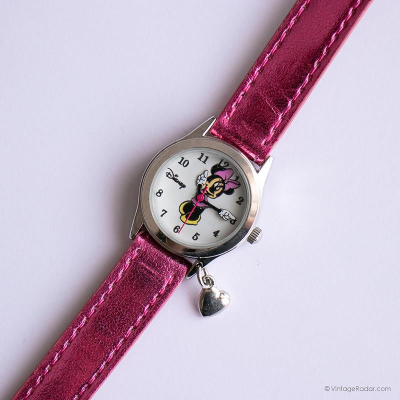 Tiny Vintage Minnie Mouse Women's Watch with Shiny Pink Leather Strap ...