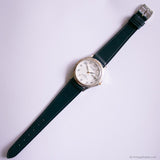 Vintage Silver-tone Pulsar Day Date Watch with White Dial & Blue Strap