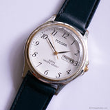 Vintage Silver-tone Pulsar Day Date Watch with White Dial & Blue Strap