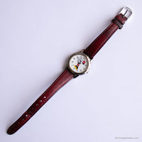 90s Silver-tone Minnie Mouse Watch for Her with Burgundy Leather Strap