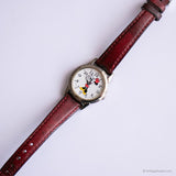 90s Silver-tone Minnie Mouse Watch for Her with Burgundy Leather Strap