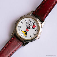 90er Jahre Silber Minnie Mouse Uhr für sie mit burgunderfarbenem Lederband
