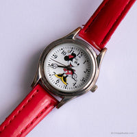 Vintage 90s Silber und Rot Minnie Mouse Quarz Uhr für Frauen