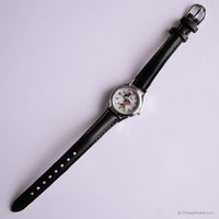 خمر كلاسيكي Minnie Mouse ساعة نسائية بحزام جلدي أسود